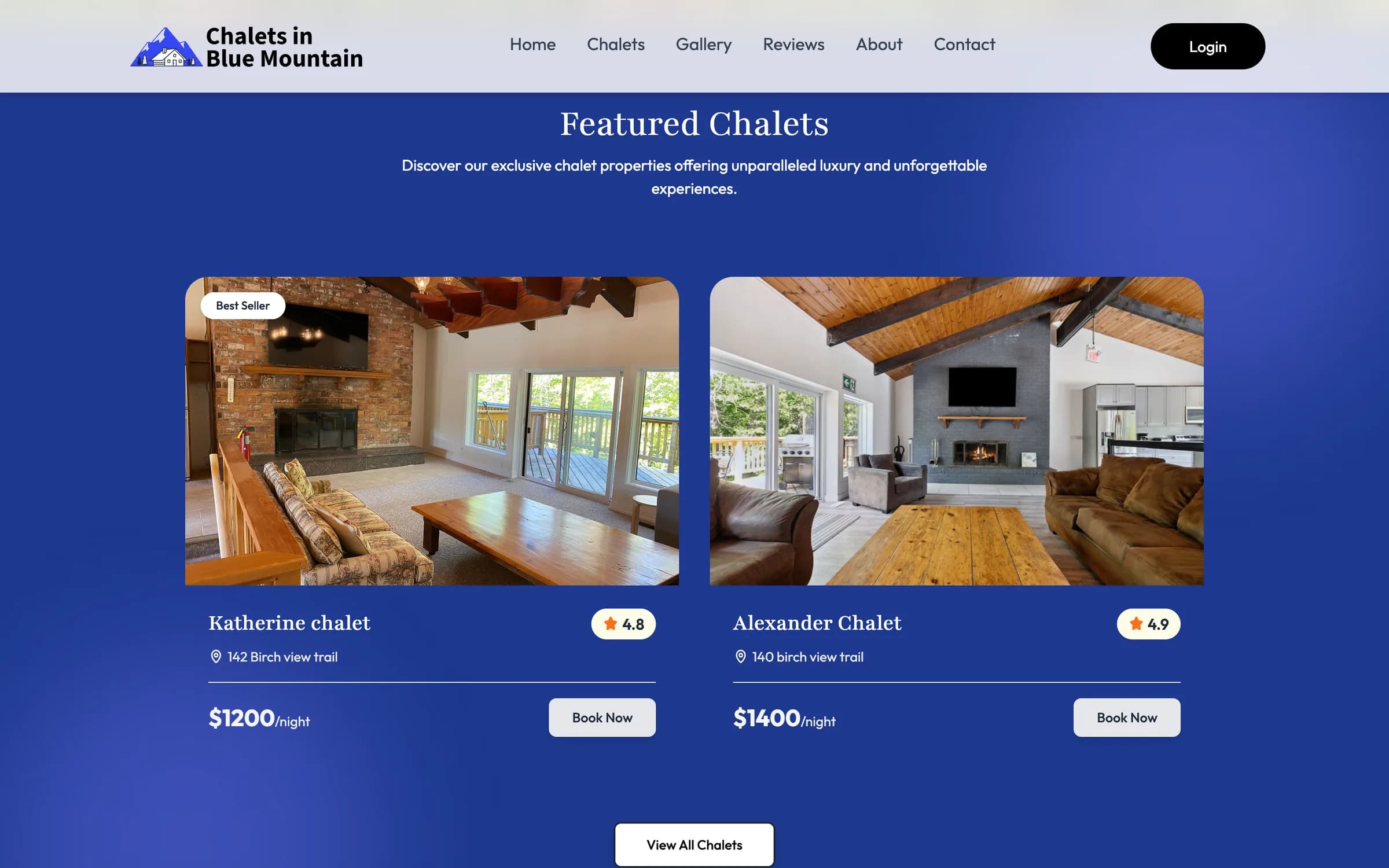 The Featured Chalets section, with cards for Katherine chalet at $1200/night and Alexander Chalet at $1400/night, each with a photo, a star rating and a Book Now button, above a View All Chalets button.