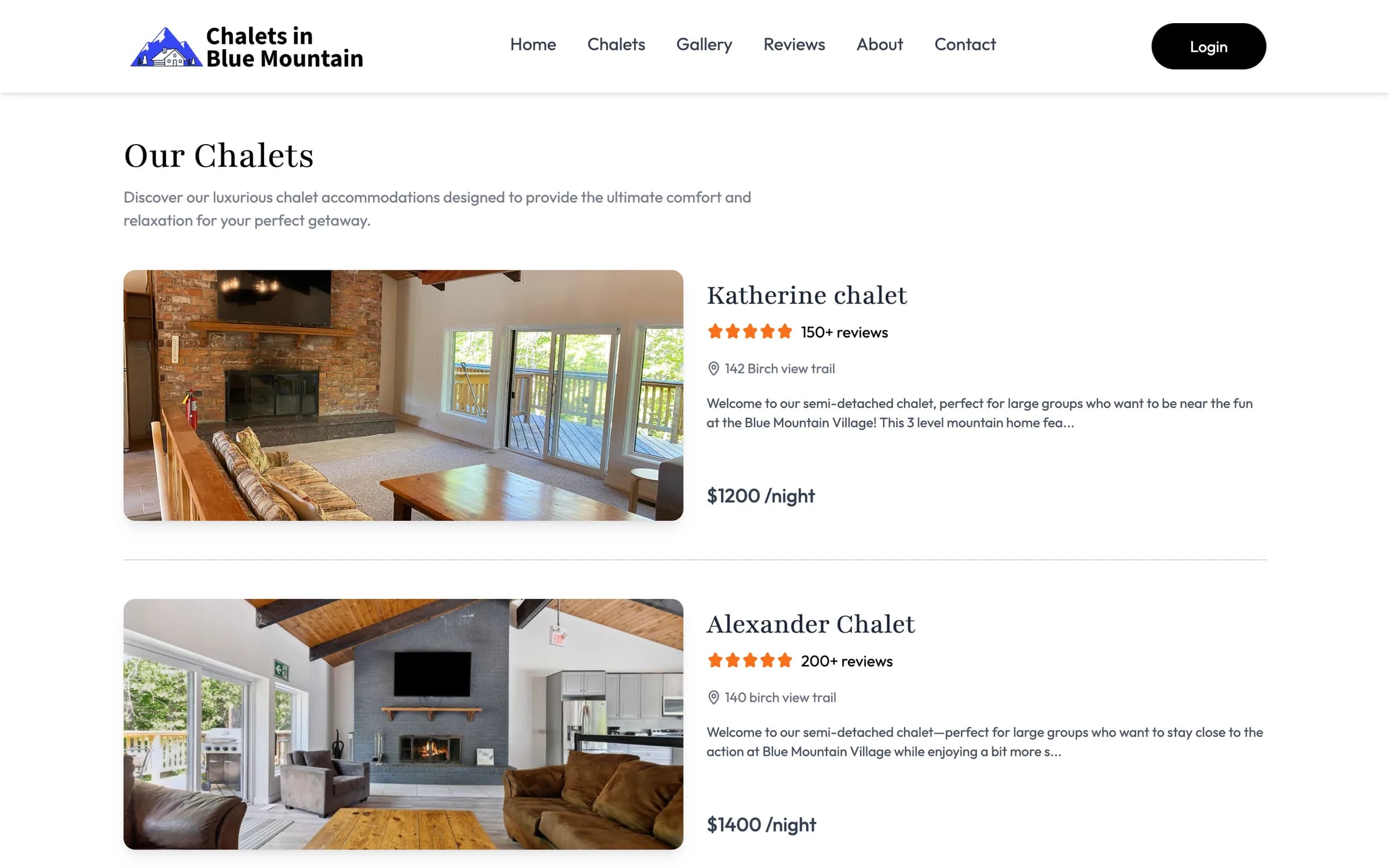 The Our Chalets page, listing Katherine chalet and Alexander Chalet, each with a living-room photo, an address, the start of its description and a nightly price.
