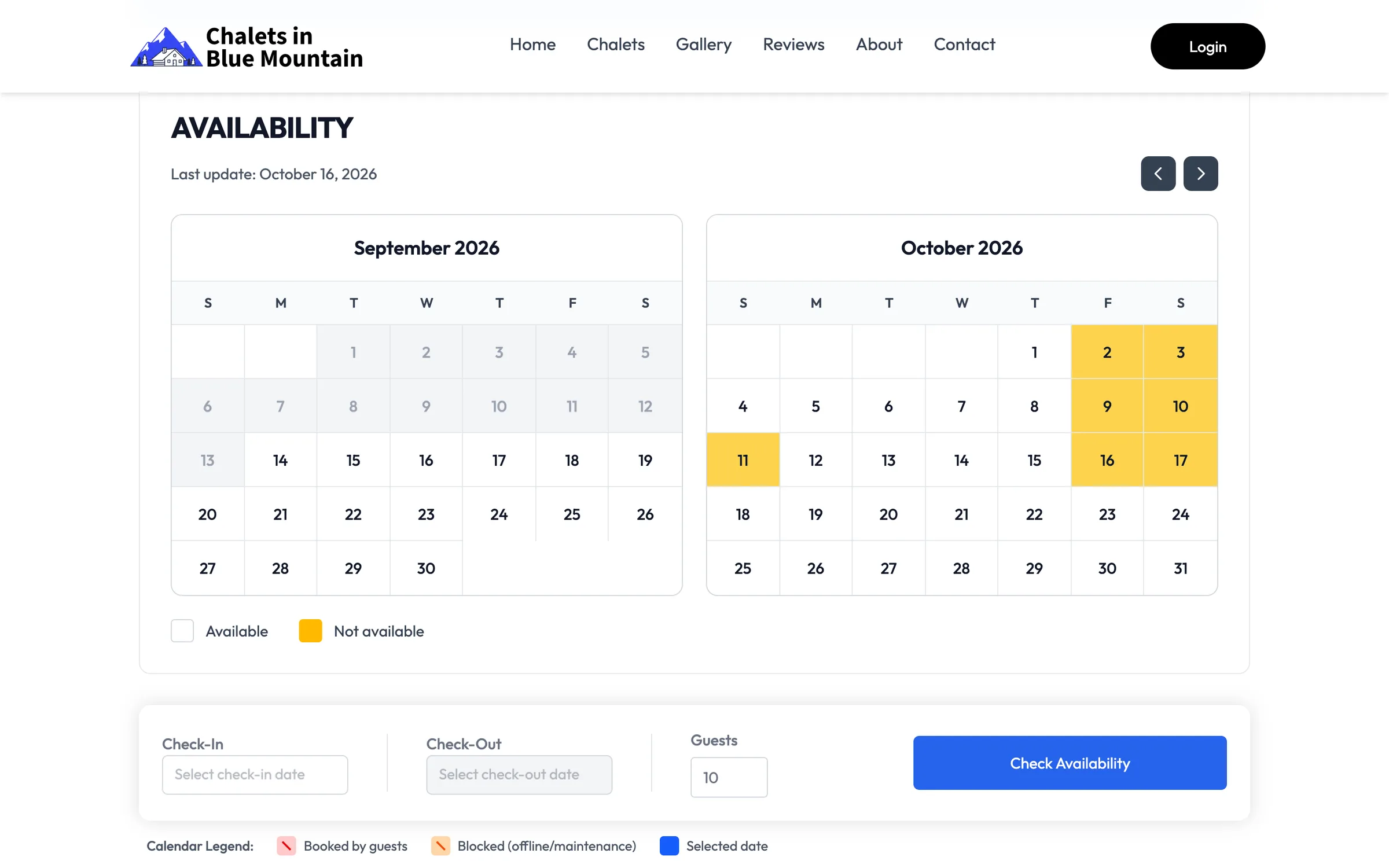 A chalet page's AVAILABILITY calendar for September and October 2026, with 2, 3, 9, 10, 11, 16 and 17 October shaded as Not available, above the Check-In, Check-Out and Guests fields and a Check Availability button.