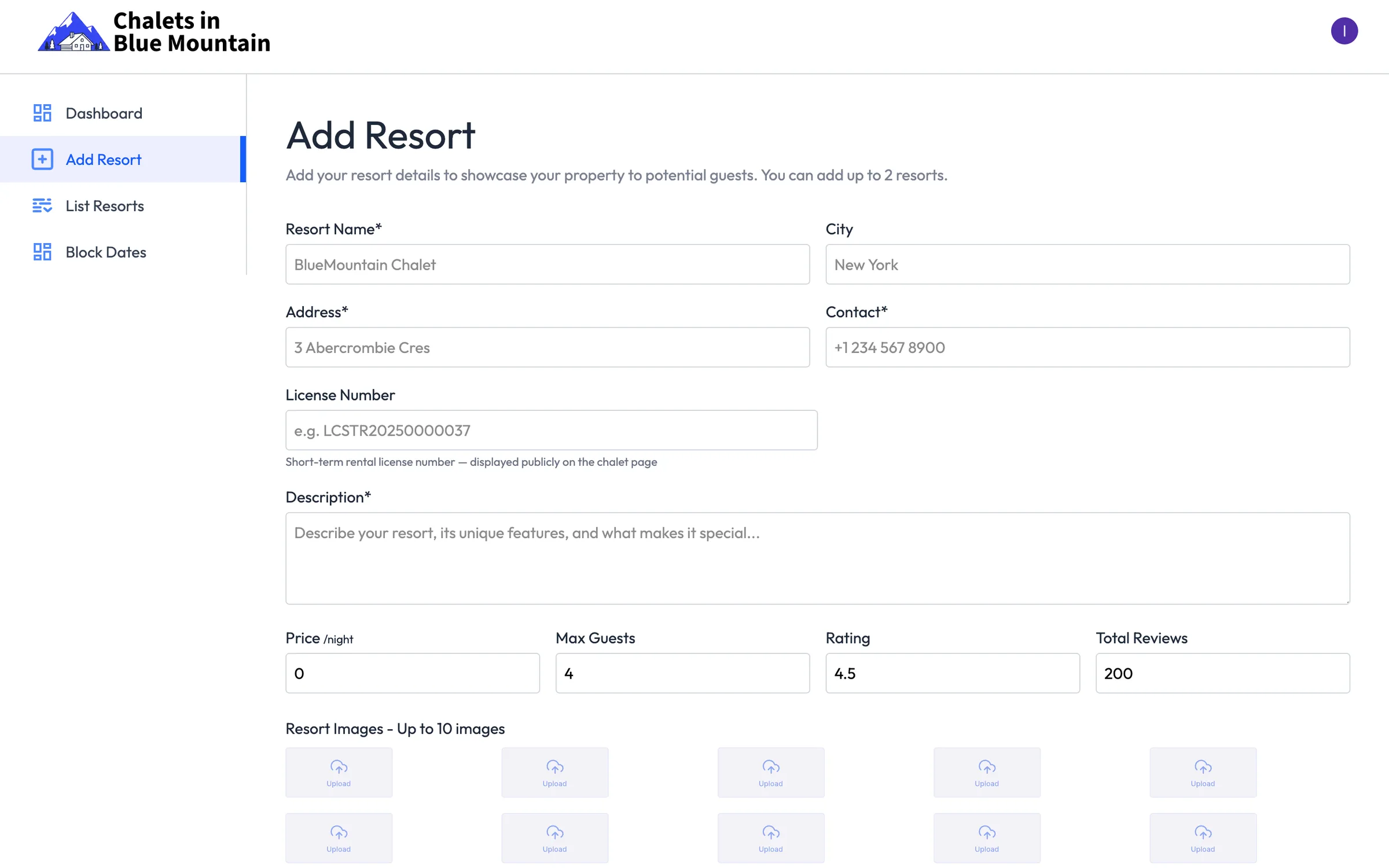The owner dashboard's Add Resort form, with fields for Resort Name, City, Address, Contact, License Number and Description, then Price /night, Max Guests, Rating and Total Reviews, and ten upload boxes under "Resort Images - Up to 10 images".