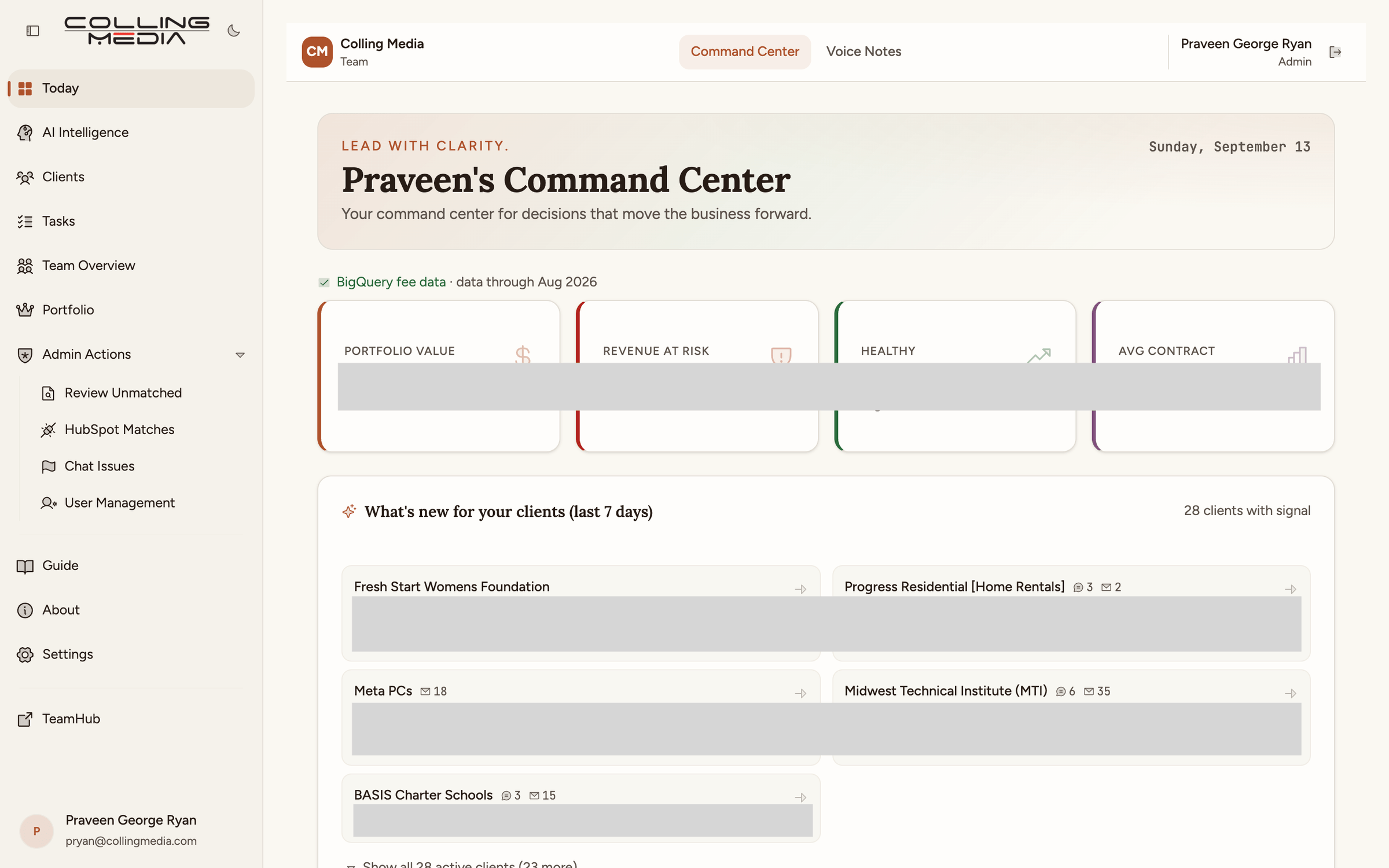 Command Hub home dashboard: portfolio health cards and a feed of what changed for each client in the last seven days. Figures and update details redacted.