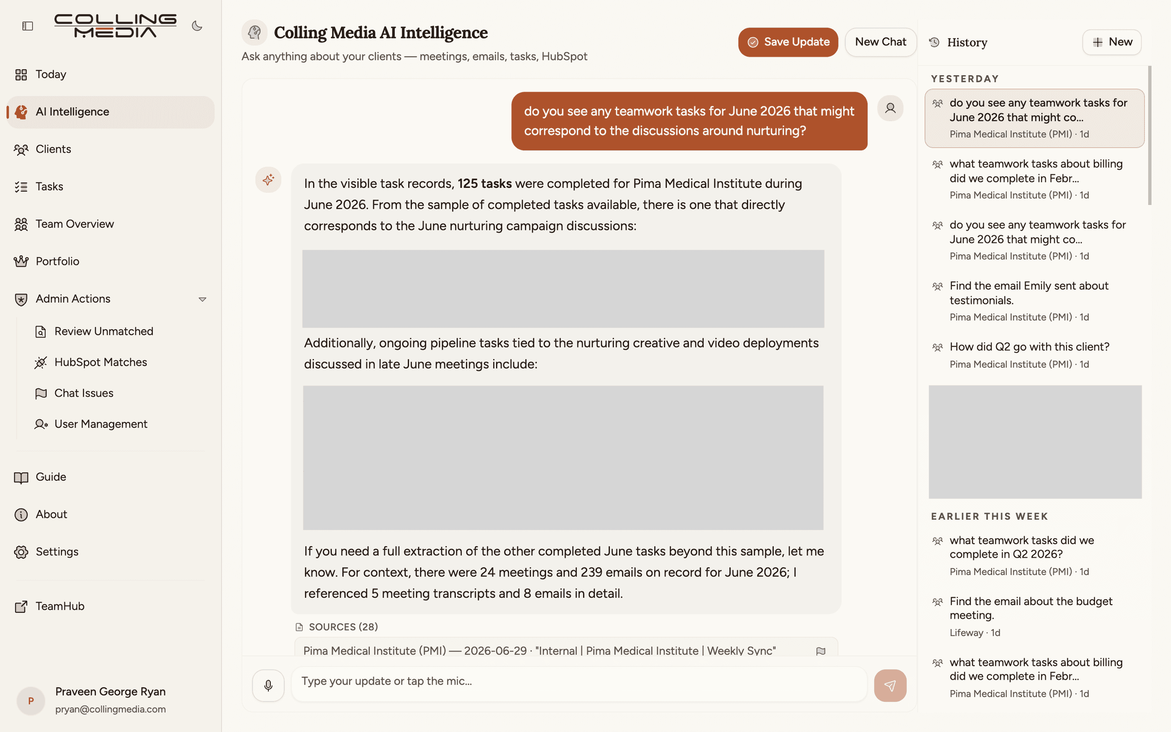 Asking the assistant a plain-language question about one client's June work. It answers from that client's task records and meetings, and lists the 28 sources it drew on. Parts of the answer redacted.