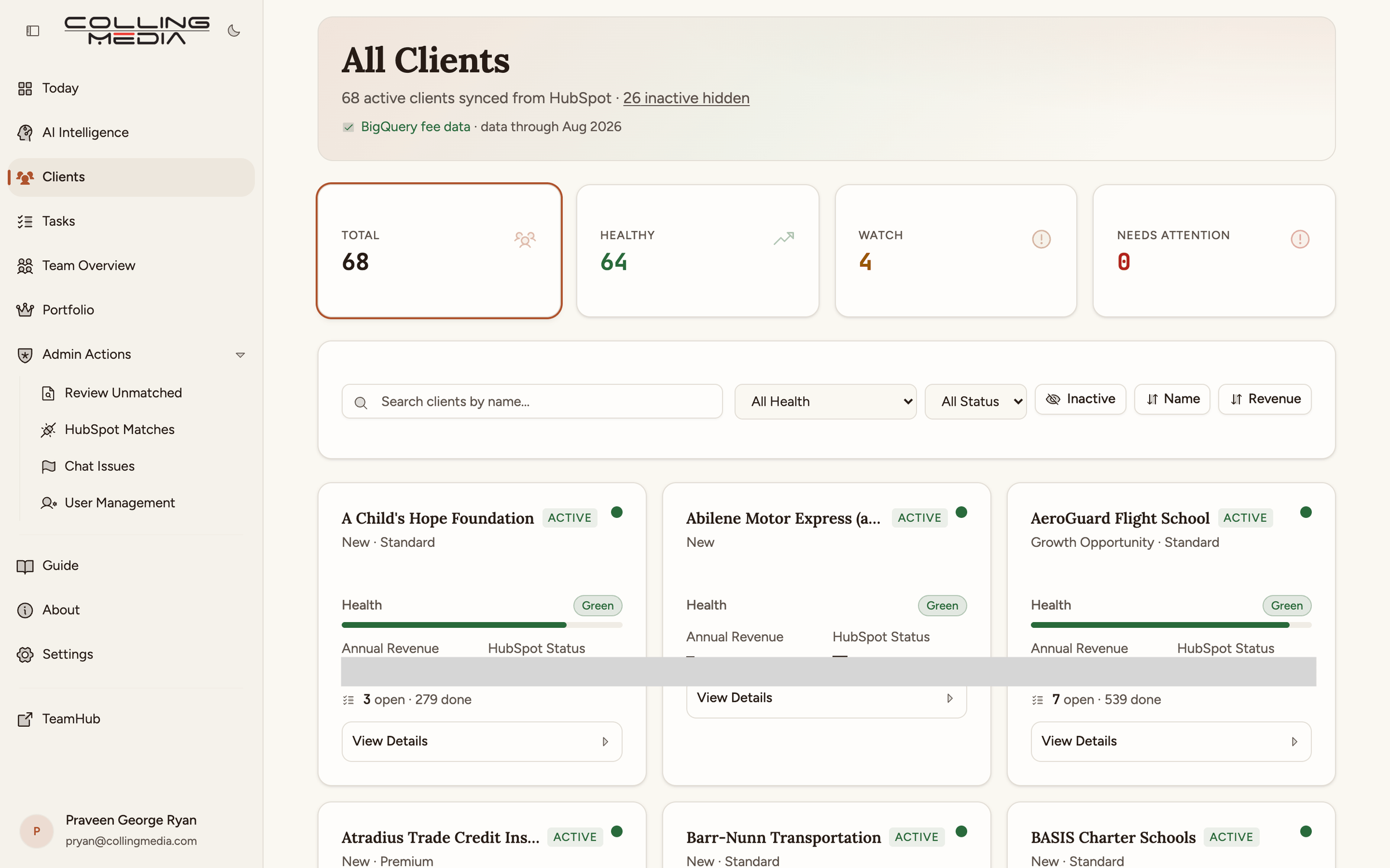 Every client synced from the CRM, each with a health score, status, and open versus completed task counts. Revenue redacted.
