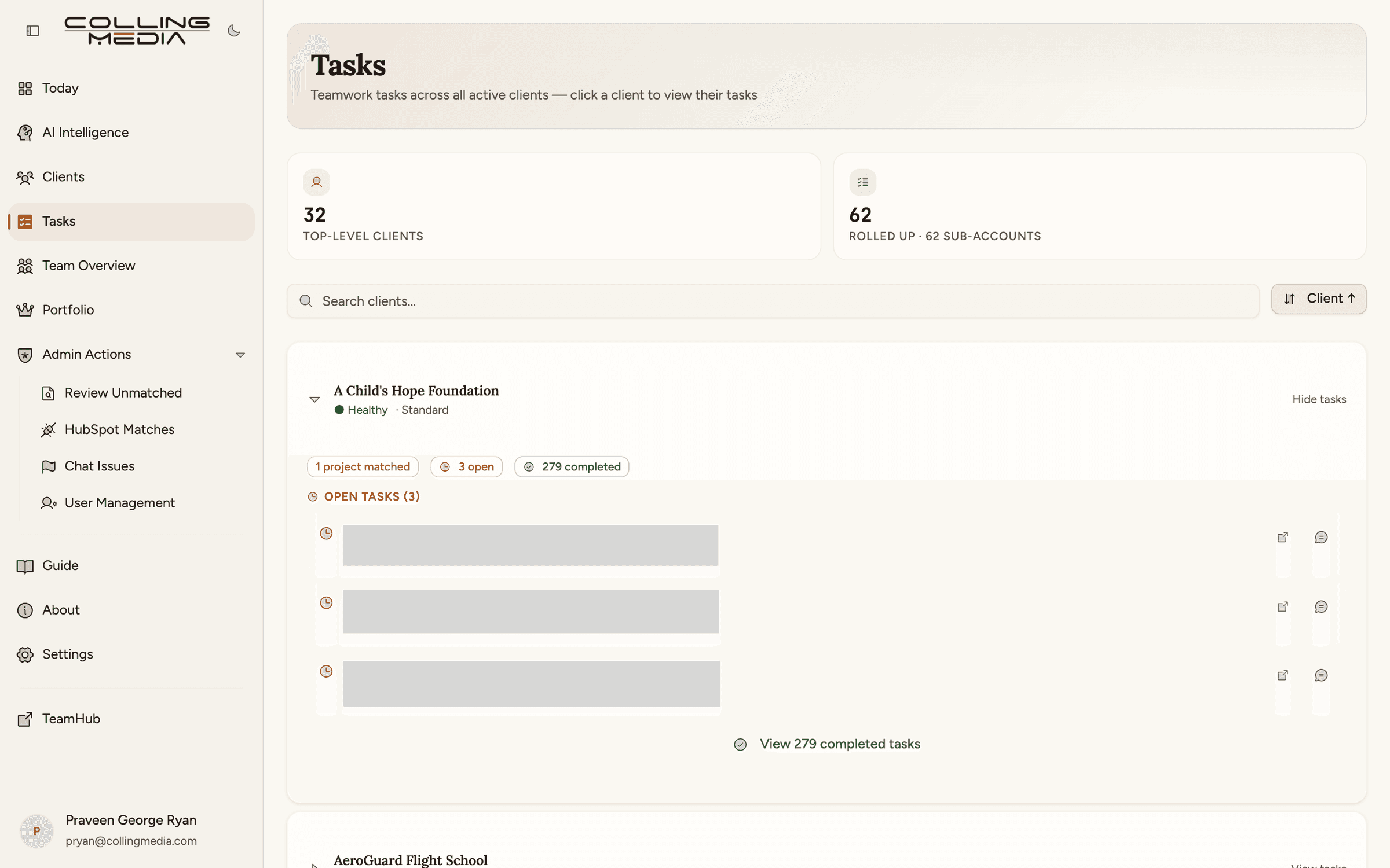 Project-management tasks rolled up across all active clients, with open work expanded under each account. Task names redacted.