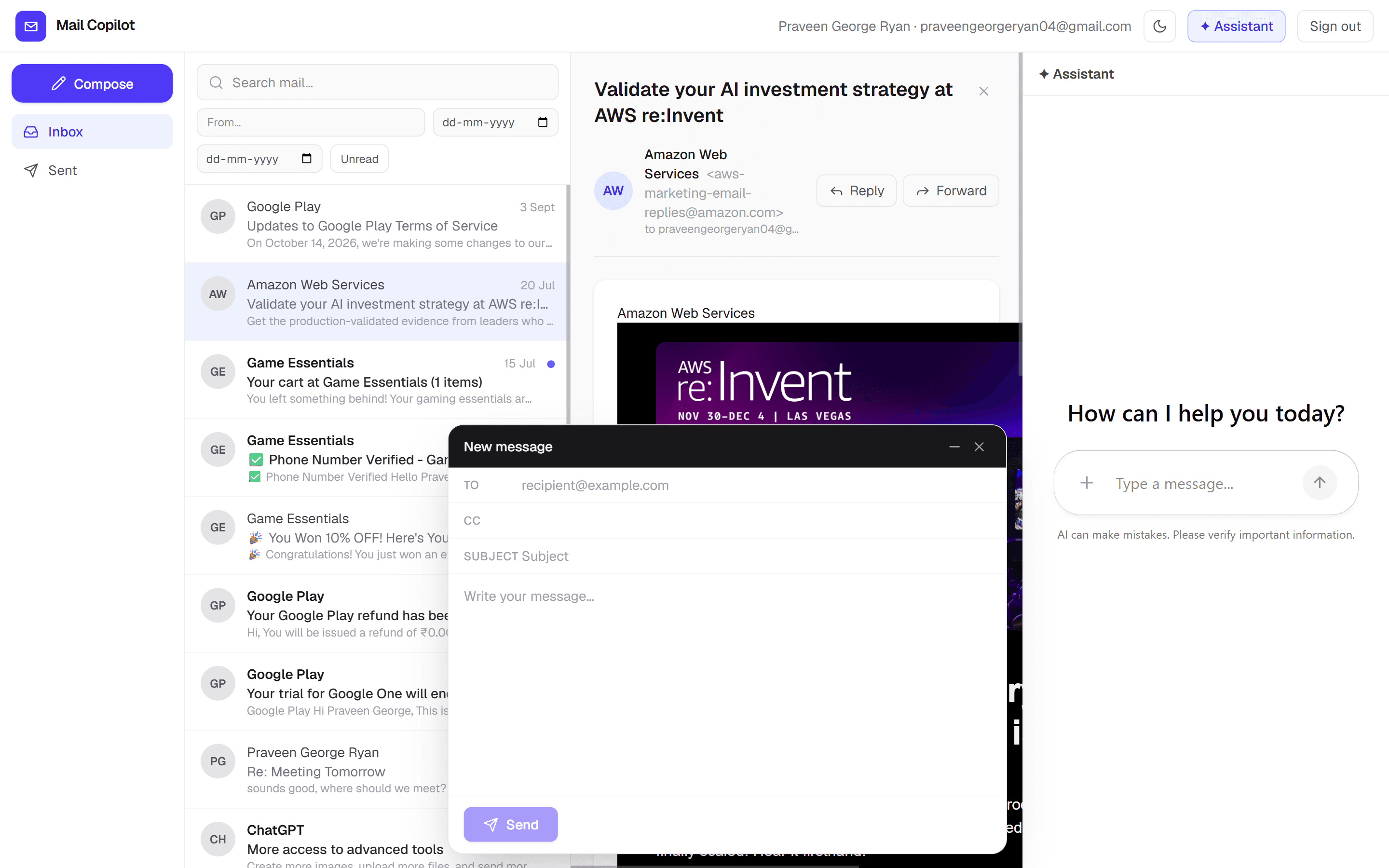 The New message window, with To, CC and Subject fields and a Send button, open over the inbox while the Assistant panel waits for a message.