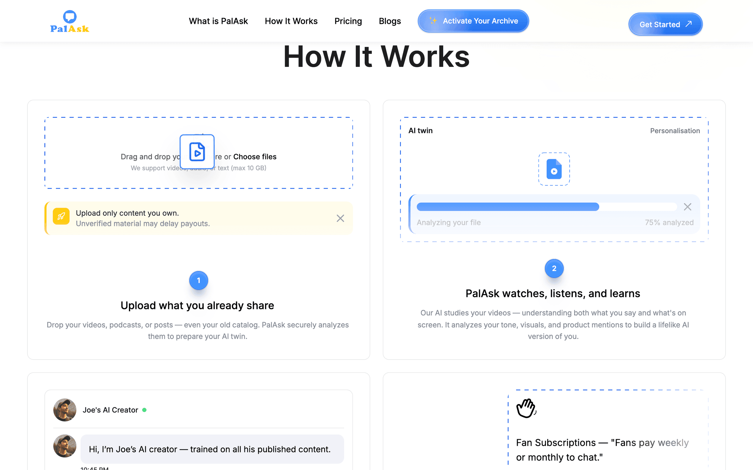 How it works: a creator uploads videos, podcasts or posts, and PalAsk analyses them to build the assistant.