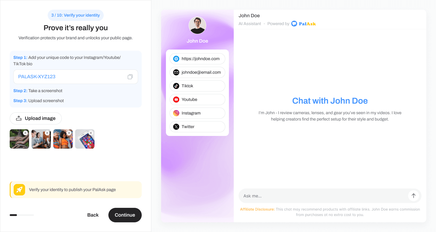 Creator onboarding: identity verification through a code placed in a social bio, beside a live preview of the public chat page and its affiliate disclosure. Shown with placeholder creator details.