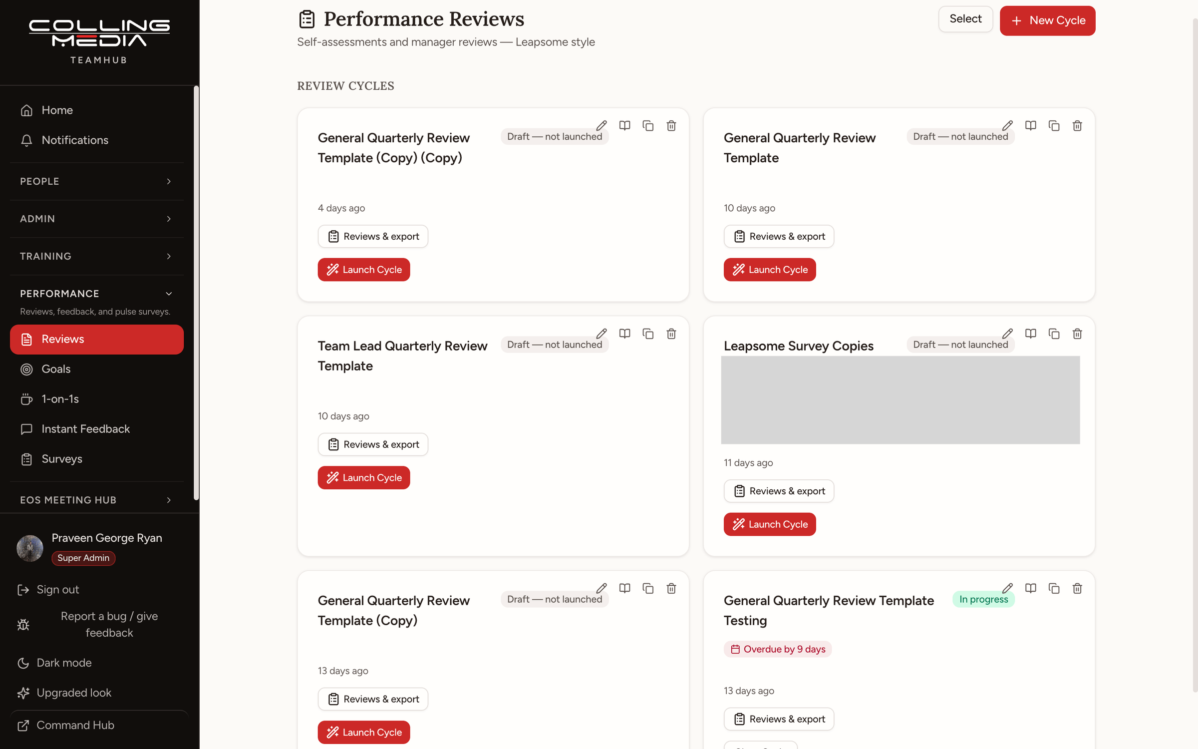 Performance review cycles: self-assessments and manager reviews built from reusable templates, each launched, tracked and exported as a cycle.