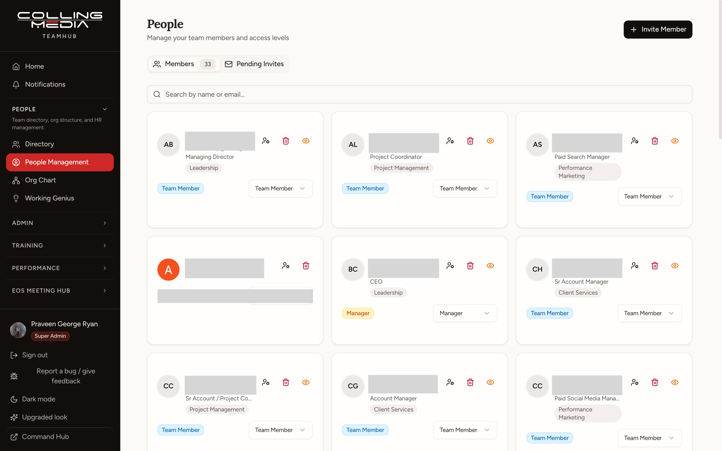 The people directory, showing each team member's role, department and access level. Names redacted.