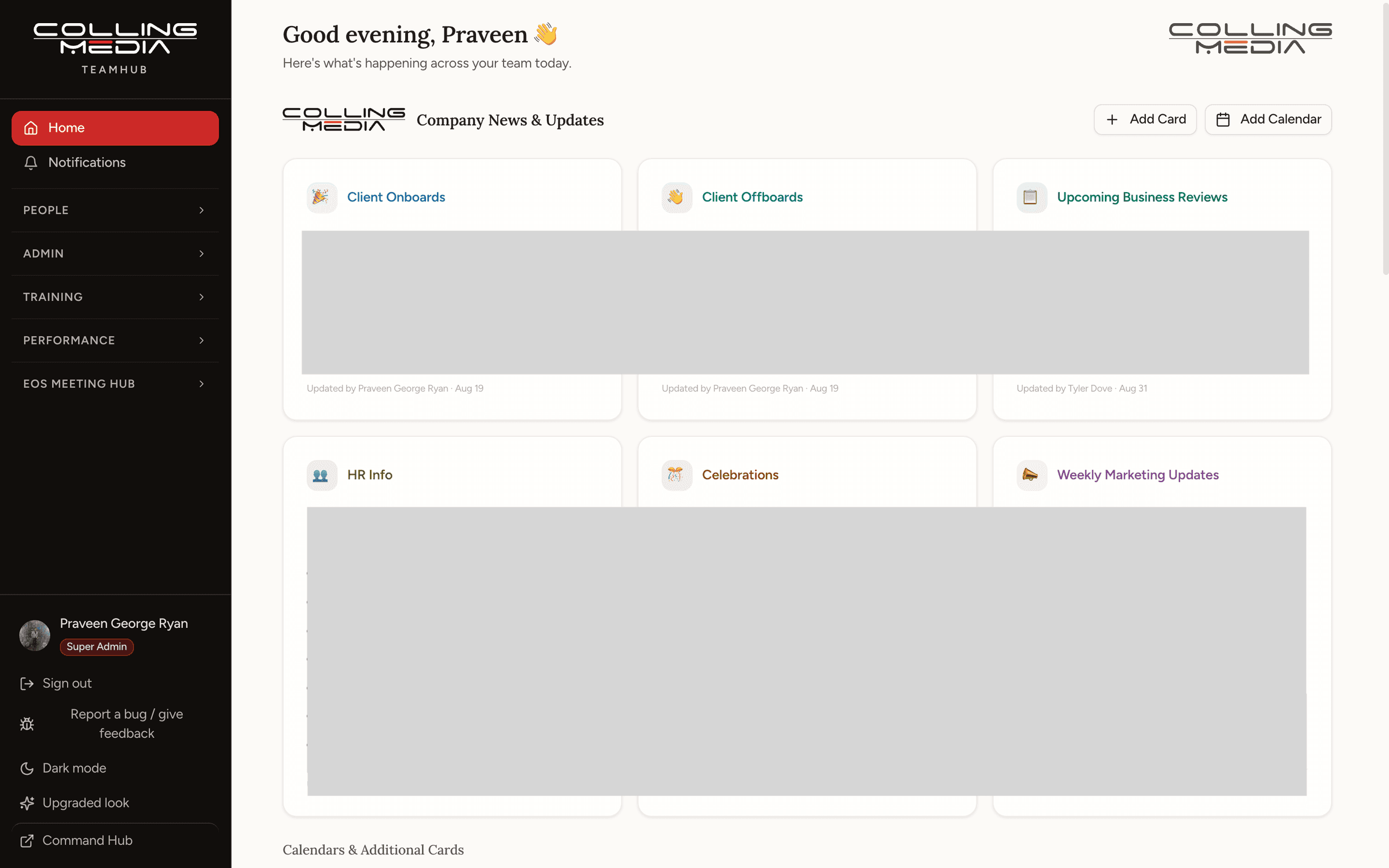 The team home page with company news and update cards. Card content redacted.
